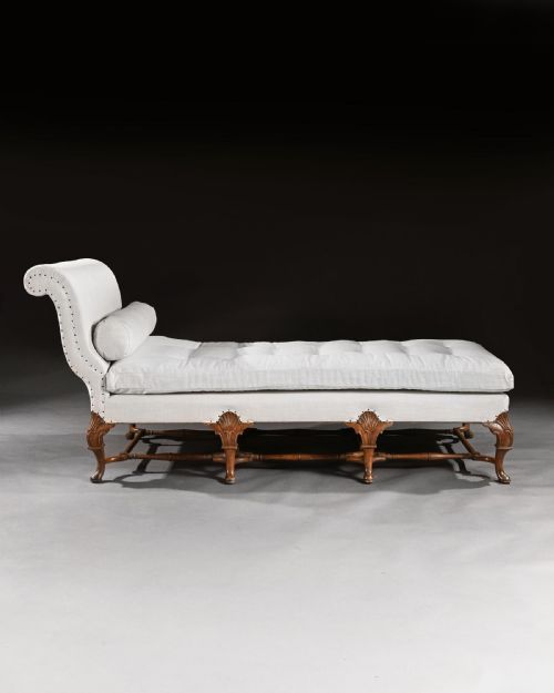 fig 1. Early 20th Century Walnut and Linen Upholstered Daybed in the Queen Anne Taste