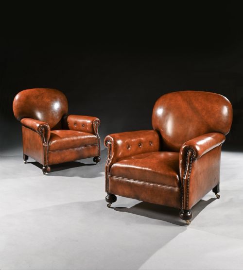 Antique Pair of Edwardian Leather Upholstered Club Armchairs