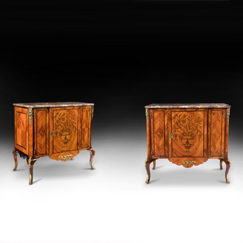 Fine Pair of 19th Century Gilt Bronze Mounted Tulipwood and Marquetry Marble Topped Commodes.
