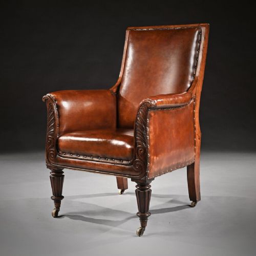 Fine 19th Century Mahogany Armchair of Neo-classical Design with Leather Upholstery.