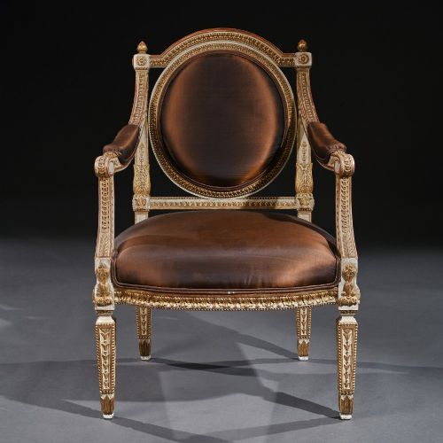 fig 1. Fine Pair Of 19th C Decorative Italian Painted And Parcel Gilt Armchairs Of Neo-classical Design