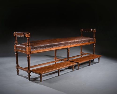 fig 1. Large 19th Century French Walnut & Embossed Leather Snooker Bench (Banquette De Billiard)