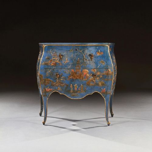 Rare 19th Century Pale Blue Japanned Bombe Chinoiserie Commode.
