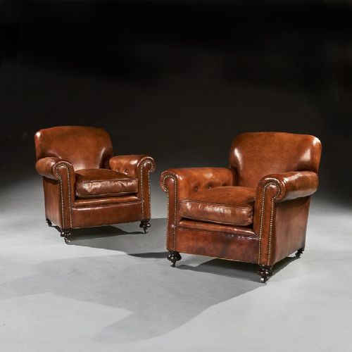 fig 2. Pair of Antique Leather Club Armchairs on Bun Feet