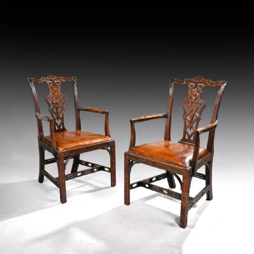 Pair of Chippendale Style Mahogany and Leather Armchairs