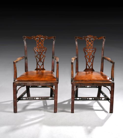 fig 1. Pair of Chippendale Style Mahogany and Leather Armchairs