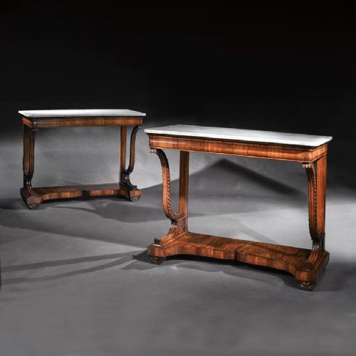 Pair of Early 19th Century Italian Walnut and Marble Top Console Tables