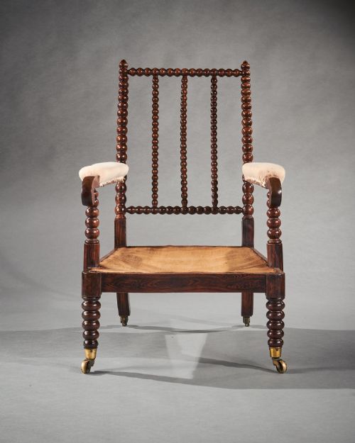 fig 1. 19th Century Faux Rosewood Bobbin Turned Open Armchair On Brass Cup Castors