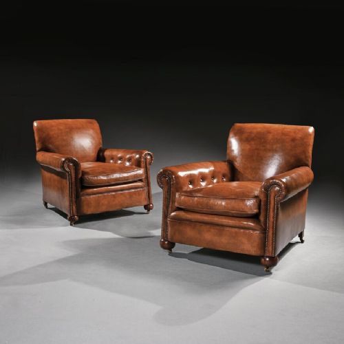 Large Pair of Antique Leather Upholstered Club Armchairs
