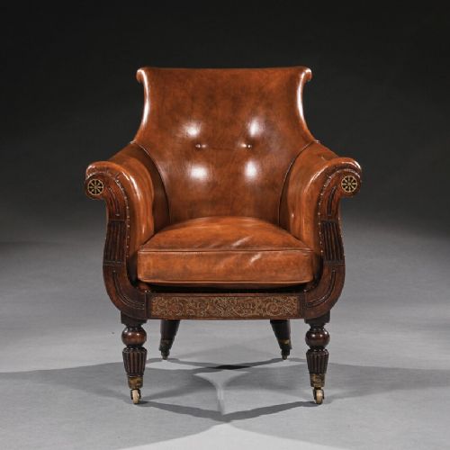 Fine Regency Simulated Rosewood and Brass Inlaid Library Bergere Armchair in the Manner of Gillows