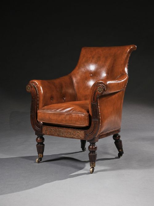 fig 1. Fine Regency Simulated Rosewood And Brass Inlaid Library Bergere Armchair In The Manner Of Gillows