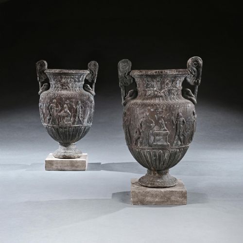 Imposing Pair of French Ornamental Lead Vases Based on the Sosibios Vase Early 20th Century
