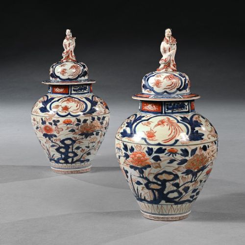 Pair of Late 17th Century Edo Period Japanese Arita Imari Vases and Covers