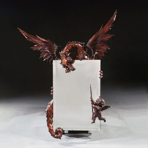 Rare Large Gabriel Viardot French Japonisme Dragon Mirror with Cherub