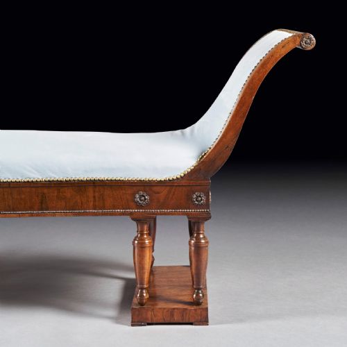 fig 1. Elegant Italian Neoclassical Empire Walnut Upholstered Scroll End Bench Daybed