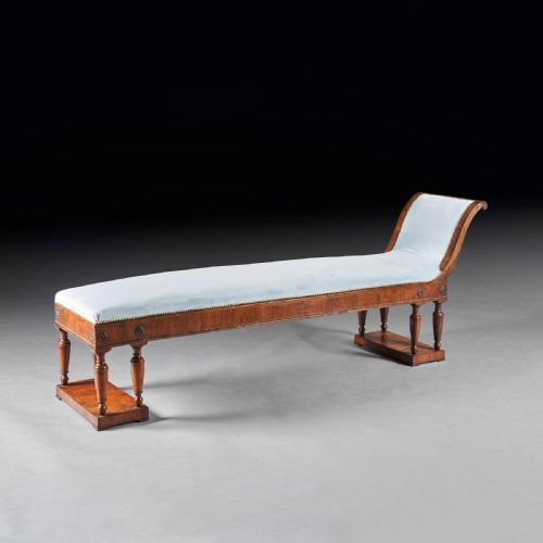 Elegant Italian Neoclassical Empire Walnut Upholstered Scroll End Bench Daybed
