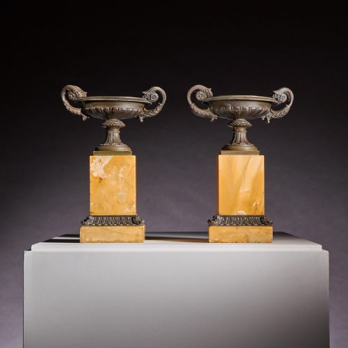Early 19th Century French Bronze and Marble Tazzas with Cornucopia Handles