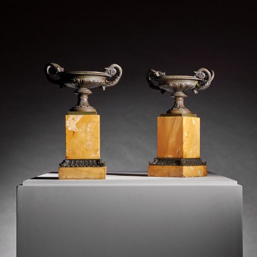 fig 2. Early 19th Century French Bronze and Marble Tazzas With Cornucopia Handles