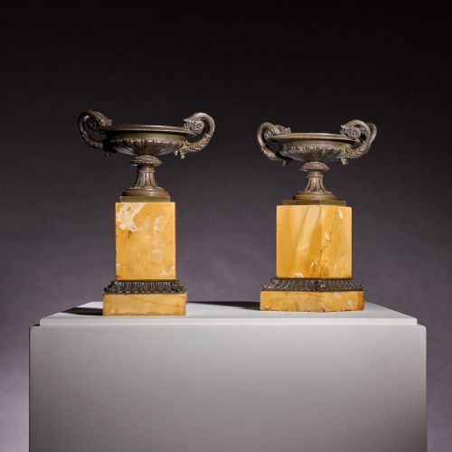 fig 4. Early 19th Century French Bronze and Marble Tazzas With Cornucopia Handles