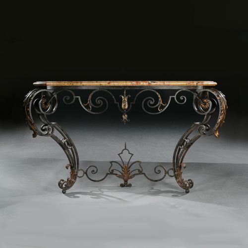 19th Century French Wrought Iron and Parcel Gilt Breche D Alep Marble Top Console Table