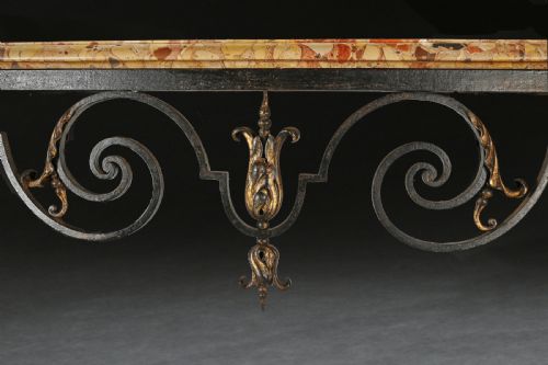 fig 1. 19th Century French Wrought Iron and Parcel Gilt Breche D Alep Marble Top Console Table