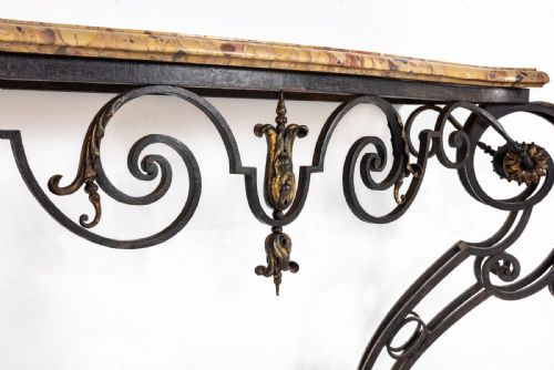 fig 3. 19th Century French Wrought Iron and Parcel Gilt Breche D Alep Marble Top Console Table