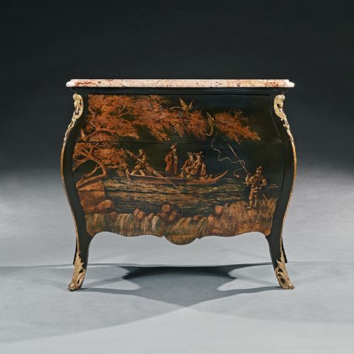 fig 1. 19th Century Decorative Chinoiserie French Marble Topped Bombe Commode