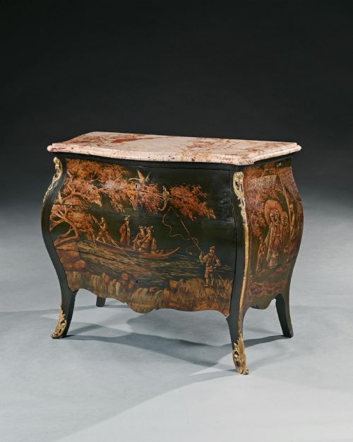 fig 3. 19th Century Decorative Chinoiserie French Marble Topped Bombe Commode