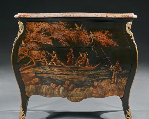 fig 4. 19th Century Decorative Chinoiserie French Marble Topped Bombe Commode