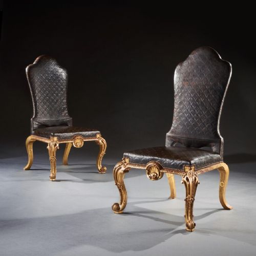 Pair of George I Style Late 19th Century Giltwood and Leather Side Chairs