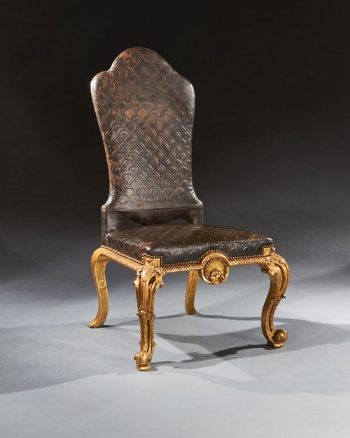 fig 1. Pair of George I Style Late 19th Century Giltwood and Leather Side Chairs