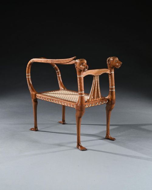 fig 1. An Extremely Rare Exhibition Quality Egyptian Revival Walnut and Inlaid Bench or Window Seat