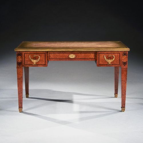 FINE 19TH CENTURY FRENCH NEOCLASSICAL STYLE AMBOYNA AND GILT BRONZE MOUNTED WRITING TABLE