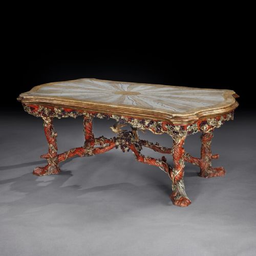 Outstanding Italian Carved Wood Polychrome Centre Table with Onyx Top by Amulet Bertoni