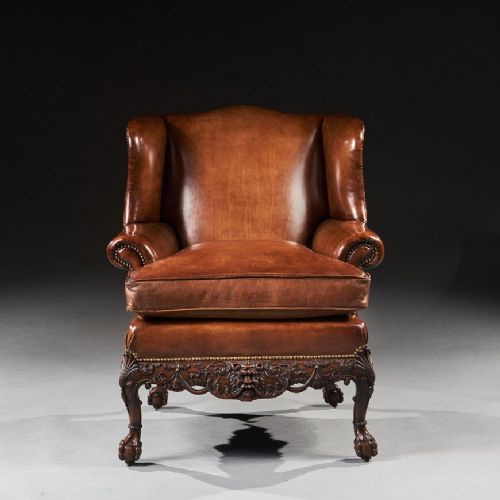 Fine 19th Century Mahogany Leather Upholstered Wingback Armchair in the George II Manner