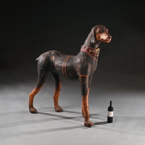 fig 1. An Extraordinary Huge French Leather Model of a Doberman Pinscher Dog Wearing Elaborate Collar with Ormolu Mounts and Harnesses