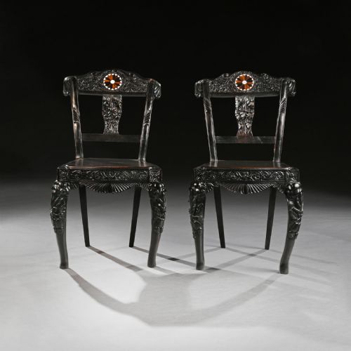fig 1. Pair of Ceylonese 19th Century Carved Ebony Side Chairs with Specimen Inlay Galle District