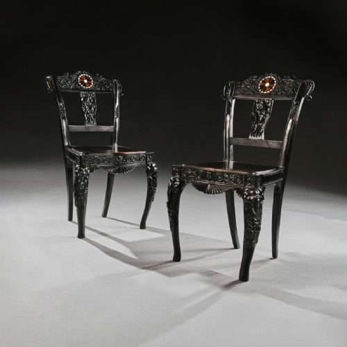 fig 2. Pair of Ceylonese 19th Century Carved Ebony Side Chairs with Specimen Inlay Galle District