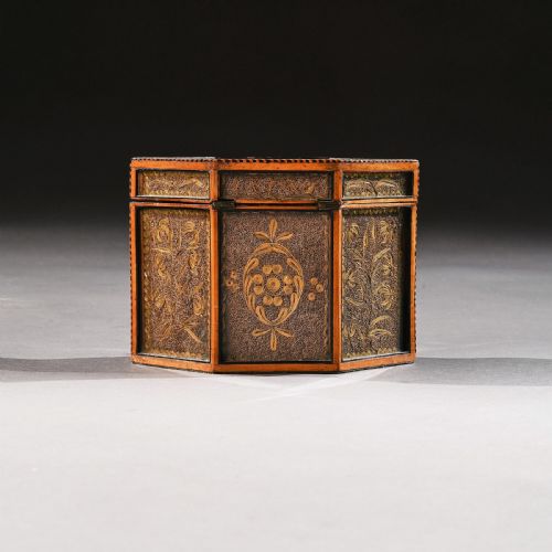 fig 1. 18th Century Georgian Paper Scrolled Quilled Satinwood Tea Caddy.