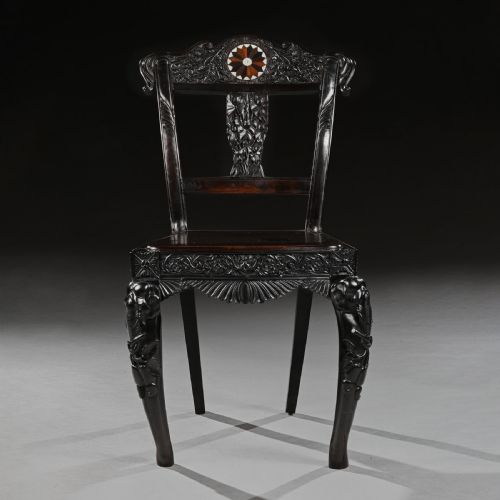 fig 1. Ceylonese 19th Century Carved Ebony Side Chair with Specimen Inlay Galle District