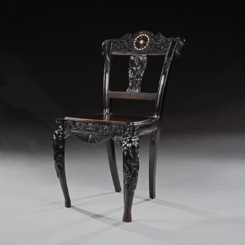 fig 2. Ceylonese 19th Century Carved Ebony Side Chair with Specimen Inlay Galle District