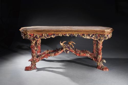 OUTSTANDING ITALIAN CARVED WOOD POLYCHROME CENTRE TABLE WITH ONYX TOP BY AMLETO BERTONI - ADDITIONAL PHOTO 3