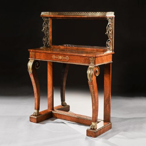 REGENCY AMBOYNA AND BRASS INLAID GILT BRONZE MOUNTED PIER TABLE
