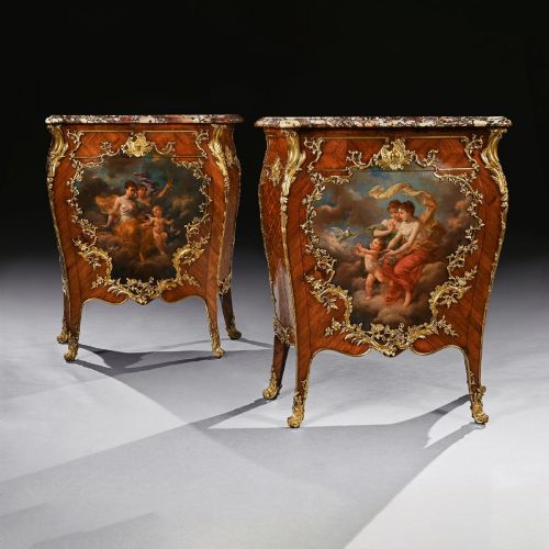 PAIR OF GILT BRONZE MOUNTED 19TH CENTURY FRENCH KINGWOOD AND VERNIS MARTIN PETIT COMMODES