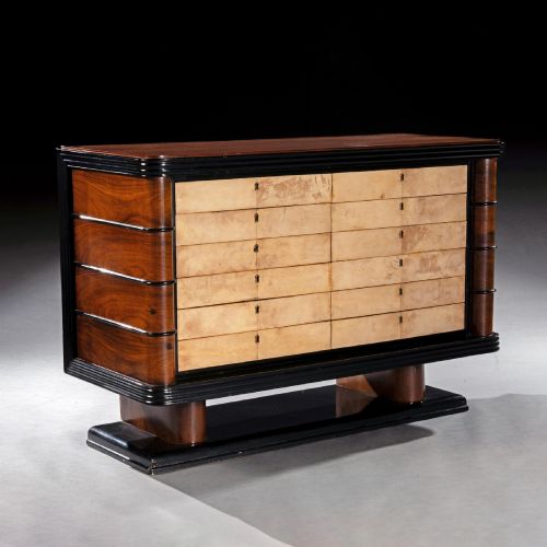 Art Deco Palisander Commode of Unusual Form with Parchment Covered Drawers