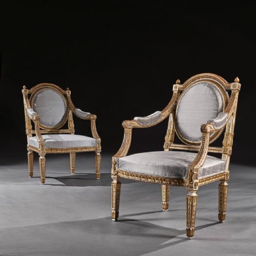 FINE PAIR OF 19TH C DECORATIVE ITALIAN PAINTED AND PARCEL GILT ARMCHAIRS OF NEOCLASSICAL DESIGN