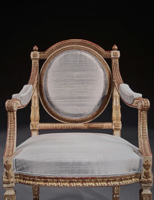 FINE PAIR OF 19TH C DECORATIVE ITALIAN PAINTED AND PARCEL GILT ARMCHAIRS OF NEOCLASSICAL DESIGN - ADDITIONAL PHOTO 6