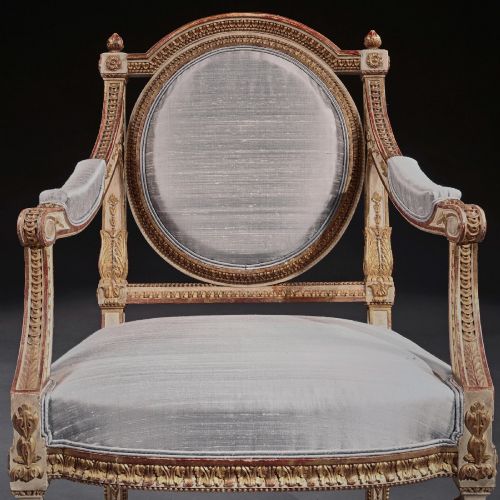 FINE PAIR OF 19TH C DECORATIVE ITALIAN PAINTED AND PARCEL GILT ARMCHAIRS OF NEOCLASSICAL DESIGN - ADDITIONAL PHOTO 11