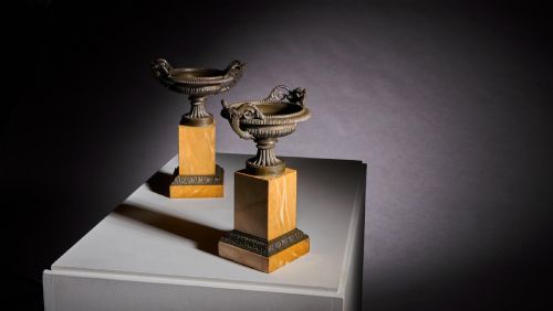 LARGE PAIR OF EARLY 19TH CENTURY FRENCH GRAND TOUR BRONZE AND SIENA MARBLE TAZZAS - ADDITIONAL PHOTO 6