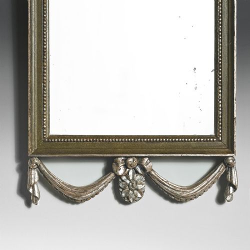 fig 2. A set of three 19th-century Neoclassical wall mirrors featuring green painted and silvered frames topped with carved urn finials and drapery swags.